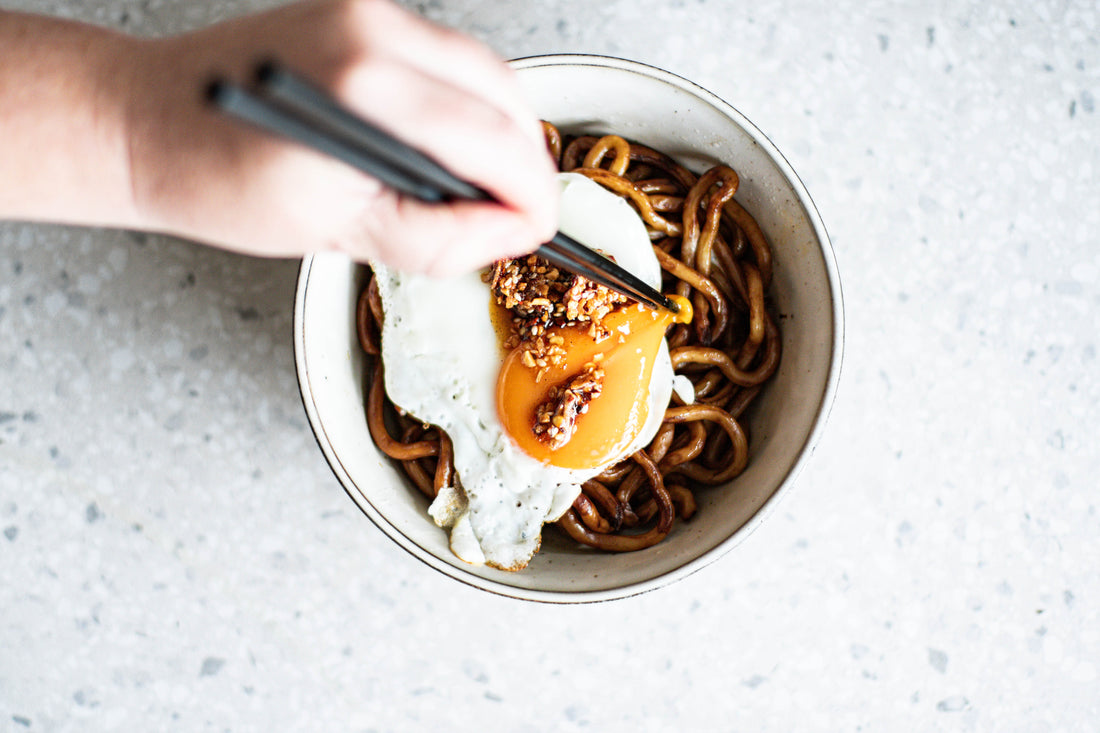 Garlic Soy Hokkien Noodles with Fried Egg & Rose’s Chilli Crisp