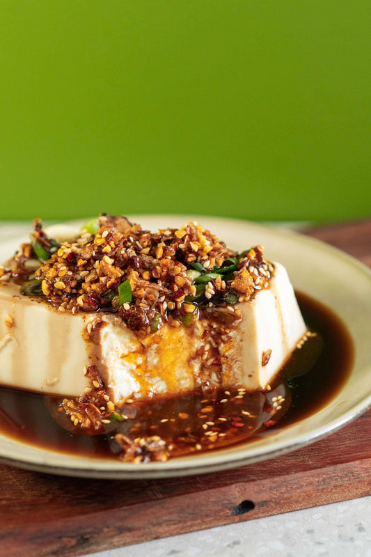 Silken Tofu with Chilli Crisp, Black Vinegar and Soy