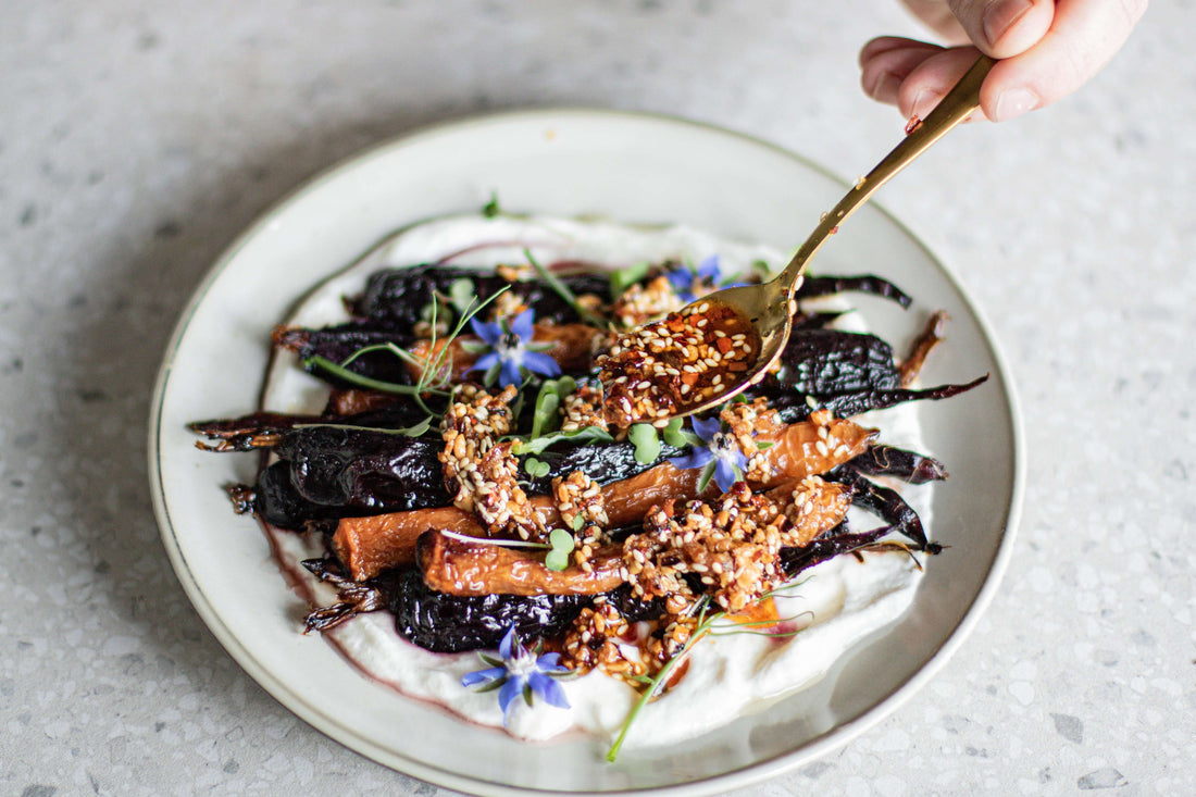 Honey Roasted Carrots on Whipped Ricotta with Chilli Crisp